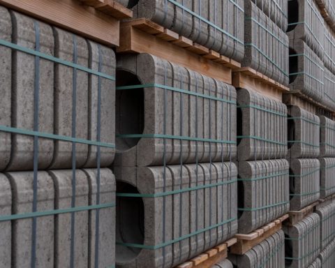 Stacks of gray concrete curbs on wooden pallets