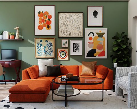 orange and black sofa with throw pillows