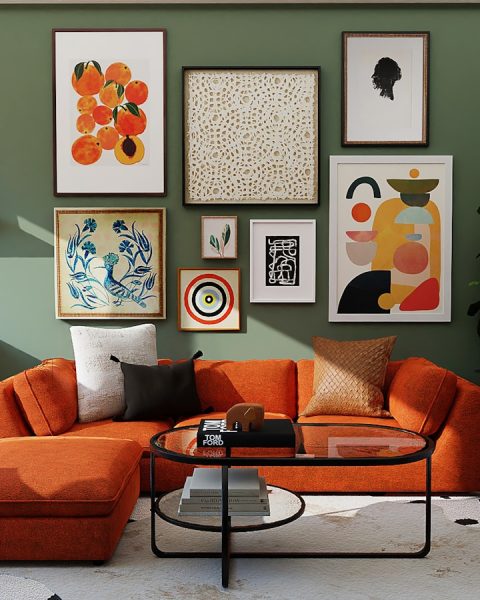 orange and black sofa with throw pillows