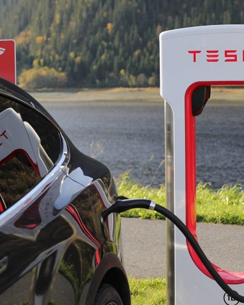 Vrouwelijke ondernemer die haar elektrische auto oplaadt
